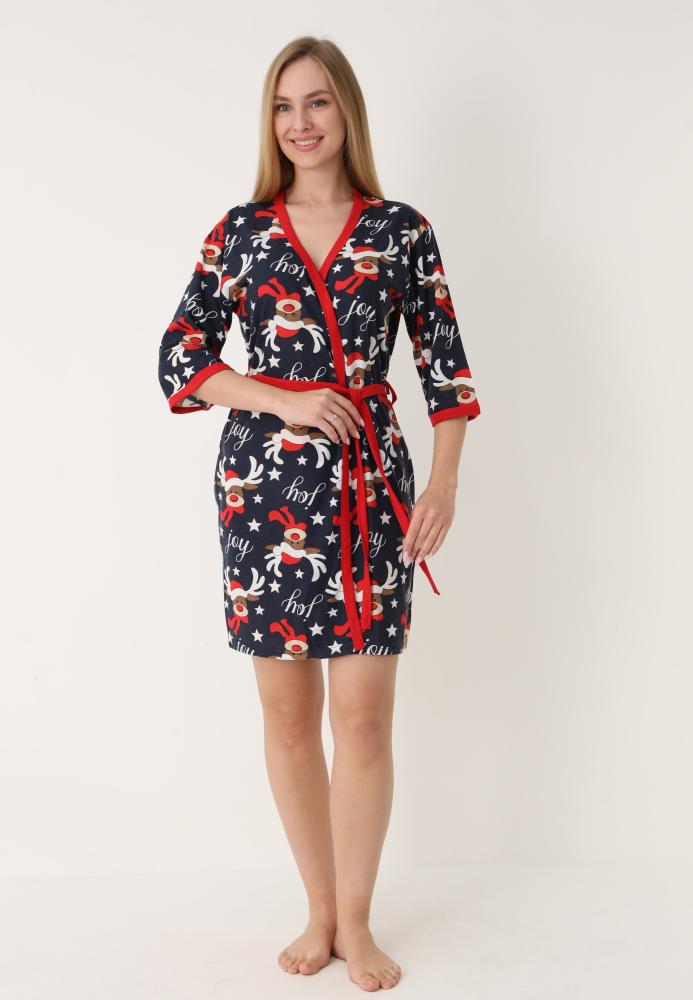 Halat dama Craciun,maneci 3/4,imprimeu reni ,culoare bleumarin ,En-gros